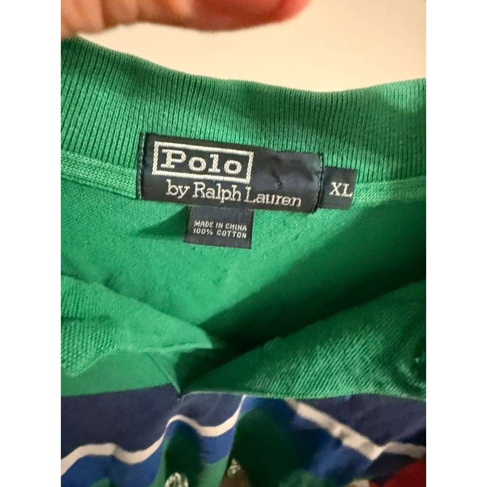 Vintage 80s Polo Ralph Lauren‎ Polo Shirt Mens XL Green Blue Striped - Picture 3 of 4